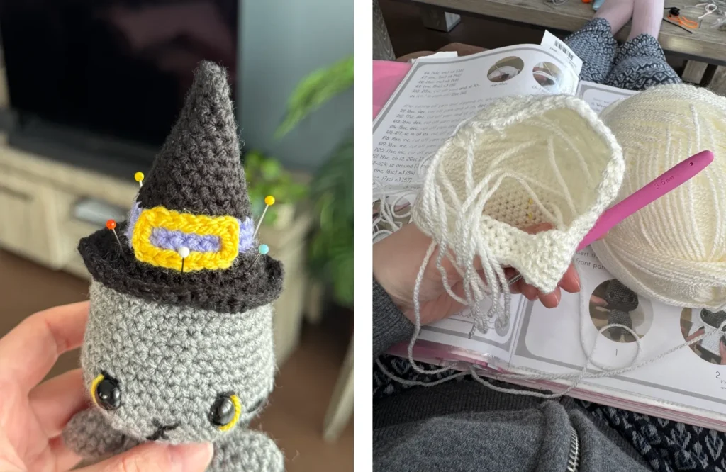 Het proces van Halloween knuffeltjes haken: veel losse draadjes en glaskopspelden
